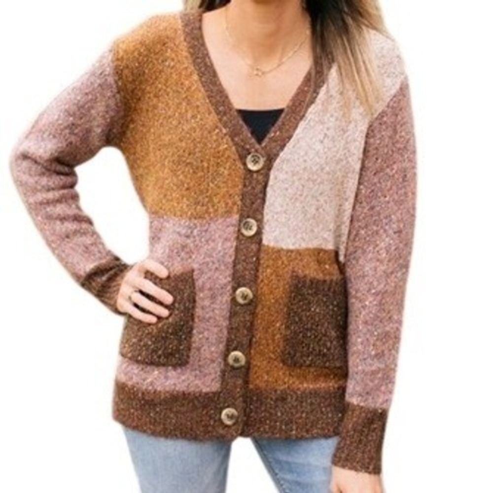 Block‎ Patchwork Speckled Wool Blend Cardigan Brown Multicolor Knit Button S
